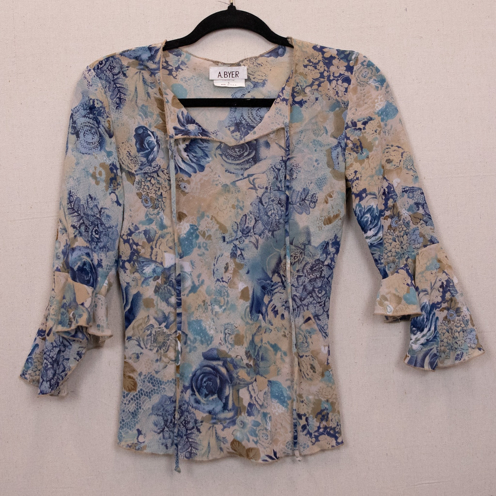 90s A. Byer sheer beige blue floral tiered sleeve top-S